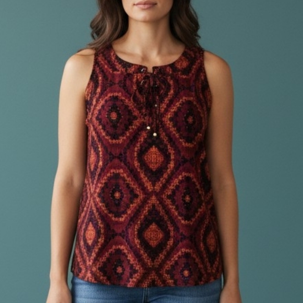 RUSSELL KEMP Geometric Diamond Pattern Lace Up Sleeveless Top
